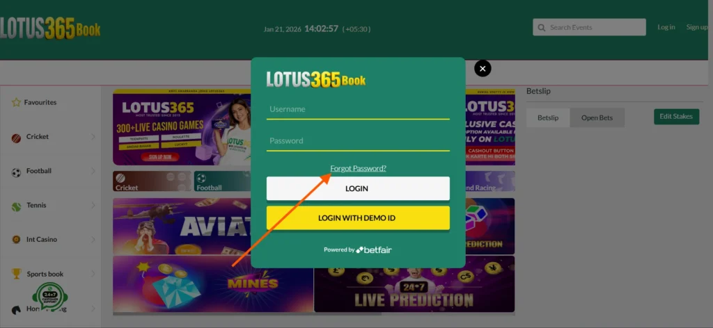 Lotus365 Password Reset Process